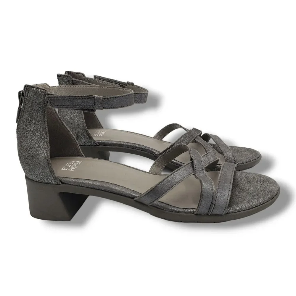 Eileen Fisher Noni Ankle Strap Sandals Womens 8 Silver‎ Metallic Suede